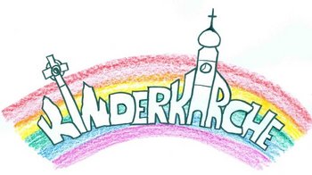 Ökumenische Kinderkirche in Hagenbach Ein gemaltes Plakat zeigt den Schriftzug „Kinderkirche“, im Hintergrund ein bunter Regenbogen